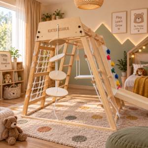 Голяма дървена катерушка за вкъщи - L Jungle Gym комплекс за активна игра